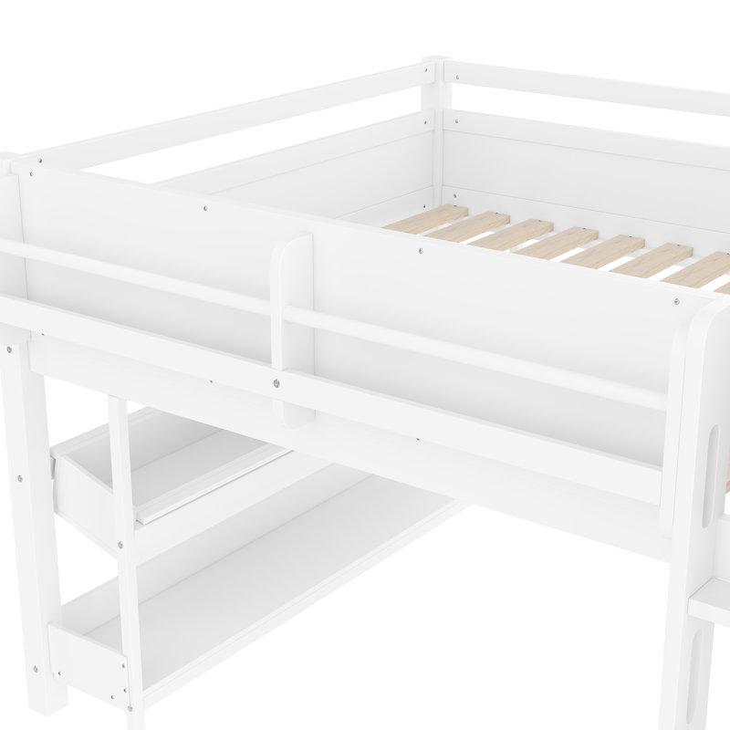 White Full Loft Bed With Storage Bookcases, Desk, Blackboard And Play Space, Safe Drawers, Desk Blackboard, Creative For , Solid Wood
