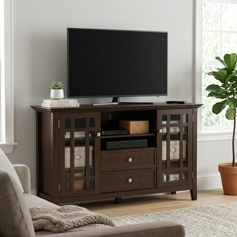 Meuble télé haut en bois massif transitionnel de 53 po pour téléviseur de 60 po ou moins Bedford avec 2 armoires, 2 tiroirs et tablette réglable
