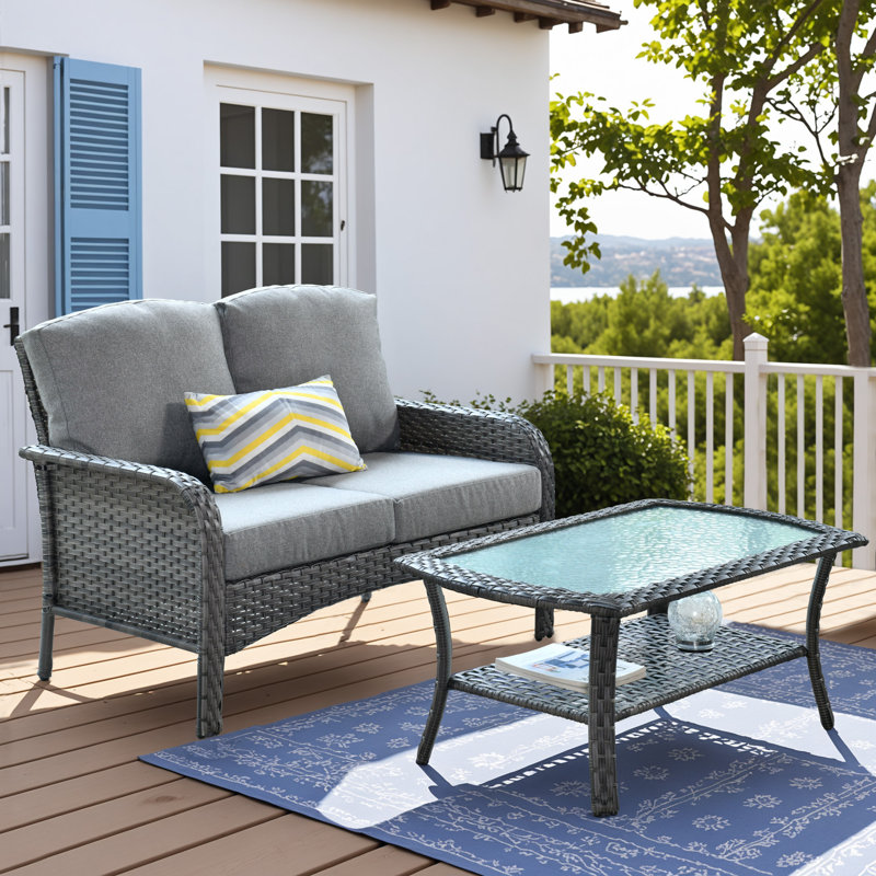 Allcot 2 - Person Outdoor Wicker Sofa with Glass Coffee Table, All Weather High Back Rattan Loveseat Couch with Comfy Cushions