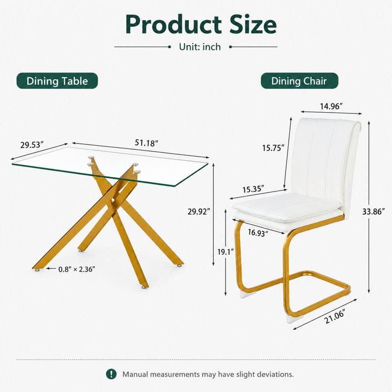 Ensemble de table de salle à manger 5 pièces en verre pour 4 personnes, ensemble de table et chaises de cuisine moderne en verre trempé, 4 chaises rembourrées, ensemble de salle à manger pour petit appartement peu encombrant