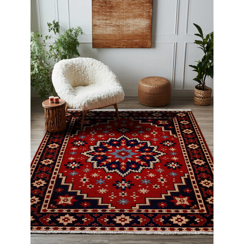 Giget Collection Digital Print Cotton-Polyester Burgundy Floral Rug, Rectangle 5'3" x 8'3"
