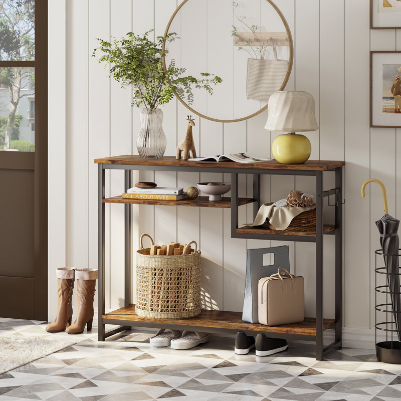 100cm Geometric Art Console Tables for Entryway, Skinny Entry Table with 4 Tier Storage Shelves, Rustic Brown