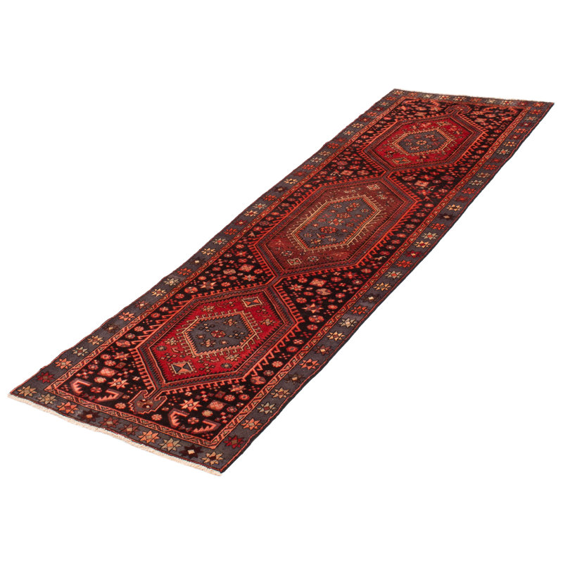 Tapis de couloir unique en laine noué à la main de style années 2000 de 3 pi 3 po x 9 pi 5 po en rouge / beige / bleu marine Angelicamaria