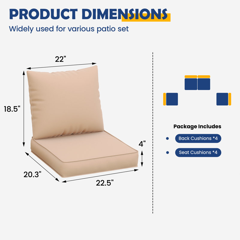 Coussin de siège / dossier d'extérieur (ensemble de 4 sièges, 4 dossiers), Beige
