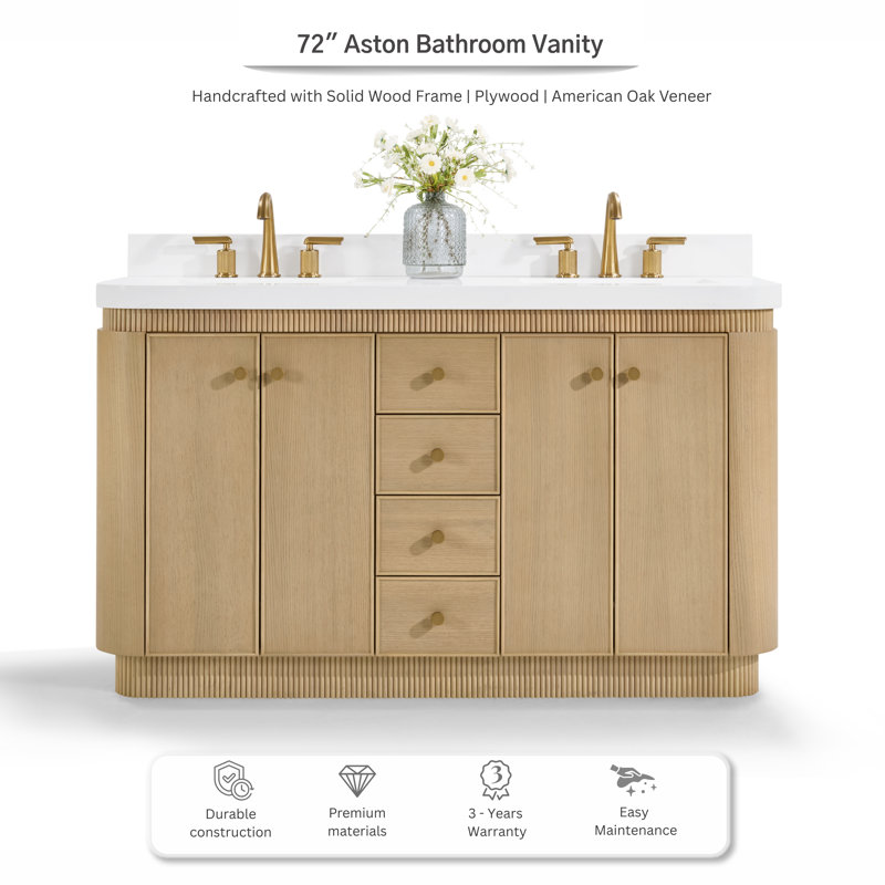 Ensemble de meuble-lavabo 72 po Aston au fini chêne américain avec plateau en quartz blanc alpin, 72 po, Chêne naturel