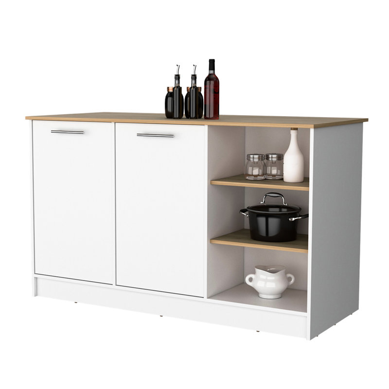 Îlot de cuisine avec 2 portes et 3 tablettes ouvertes en frêne blanc avec rangement sophistiqué