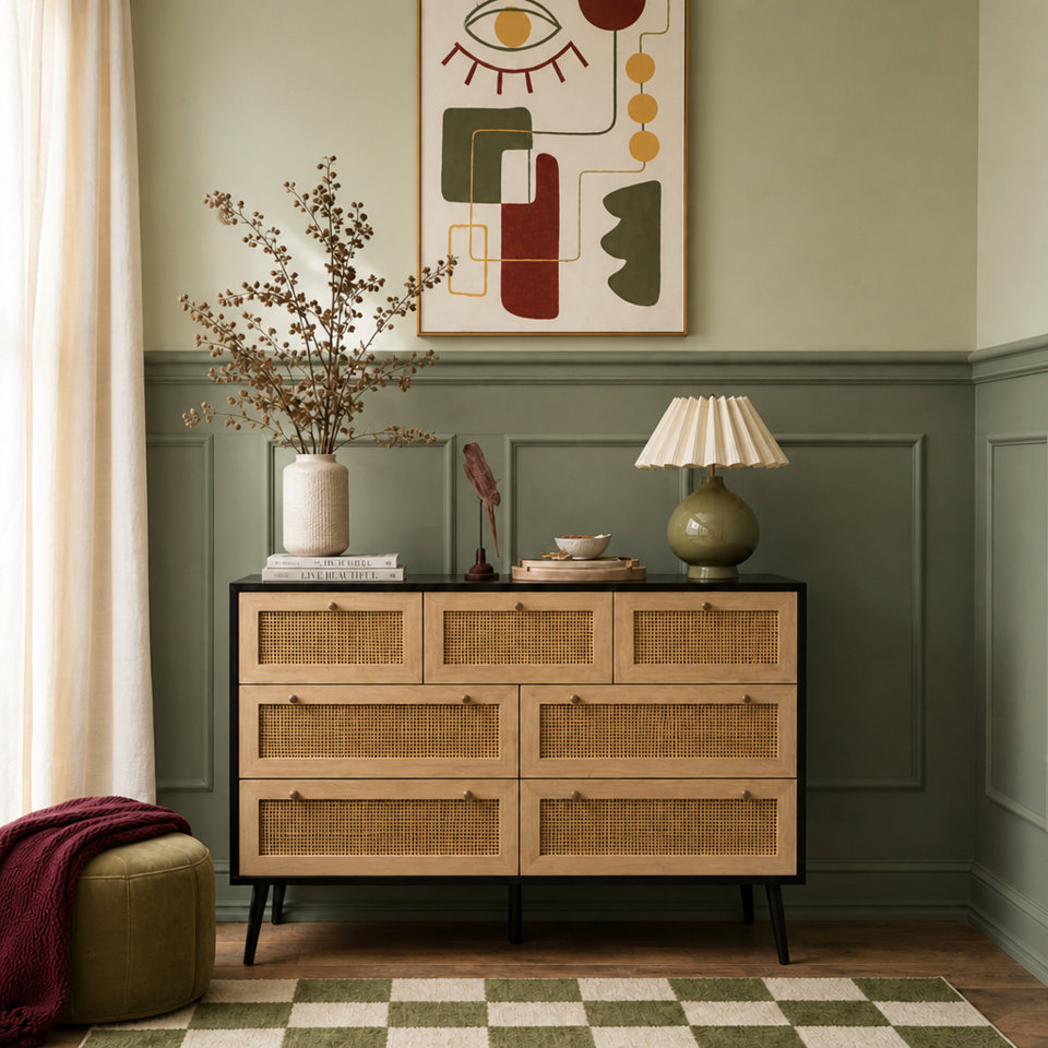 Mid-century modern dresser with cane-panelled drawers, topped with a vase of dried branches, a decorative bird figure, and a pleated lamp against a sage green panelled wall with abstract wall art.