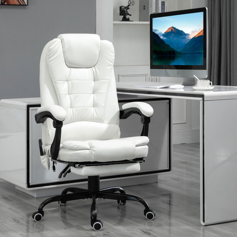 Fauteuil de bureau à massage vibrant 7 points - Cuir d'unité centrale à haut dossier, inclinable et repose-pieds blanc