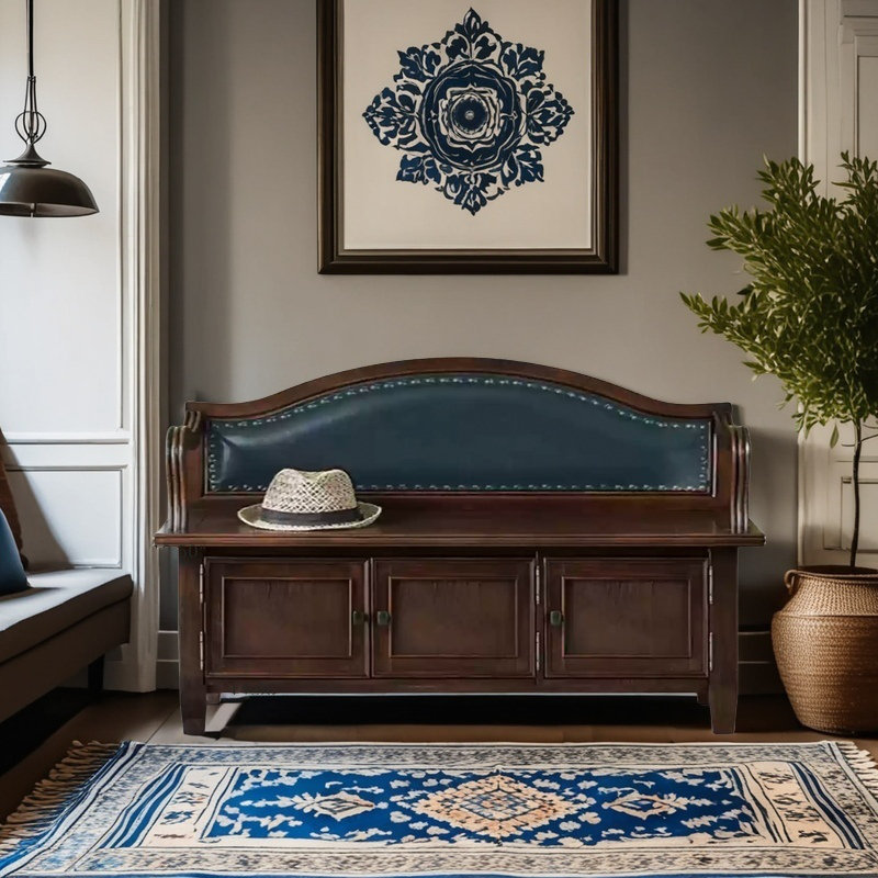 Traditional Solid Wood Shoe Bench with Leather Backrest, Blue