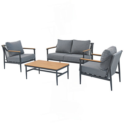 Ensemble de mobilier d'extérieur 4 pièces, ensemble de conversation avec cadre en aluminium avec coussins en oléfine et table basse à grain de bois, capacité de 330 lb pour le patio, la cour, le balcon, le jardin