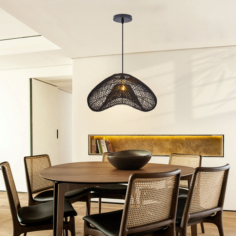 1-Light Pendant Lights Wicker Black, 11.02" H X 19.69" W X 19.69" D