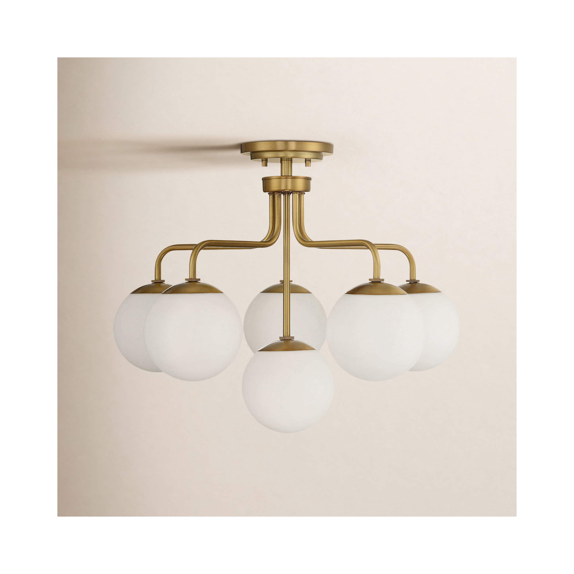 Chemise 6 Light Glass Semi Flush Mount, Brass, White