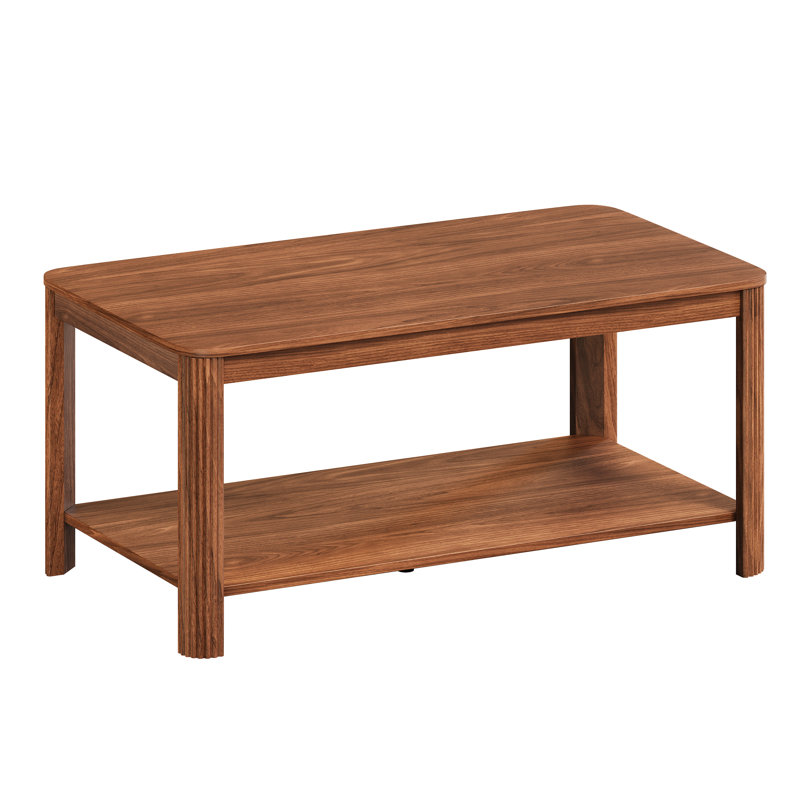 Rectangular Coffee Table With Storage Shelf & Wave Grain Legs, Walnut