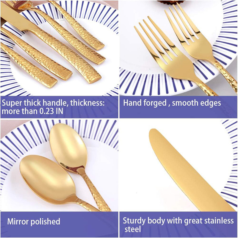 Ensemble de couverts 20 pièces en acier inoxydable avec poignée martelée, finition miroir, lavable au lave-vaisselle, service pour 4