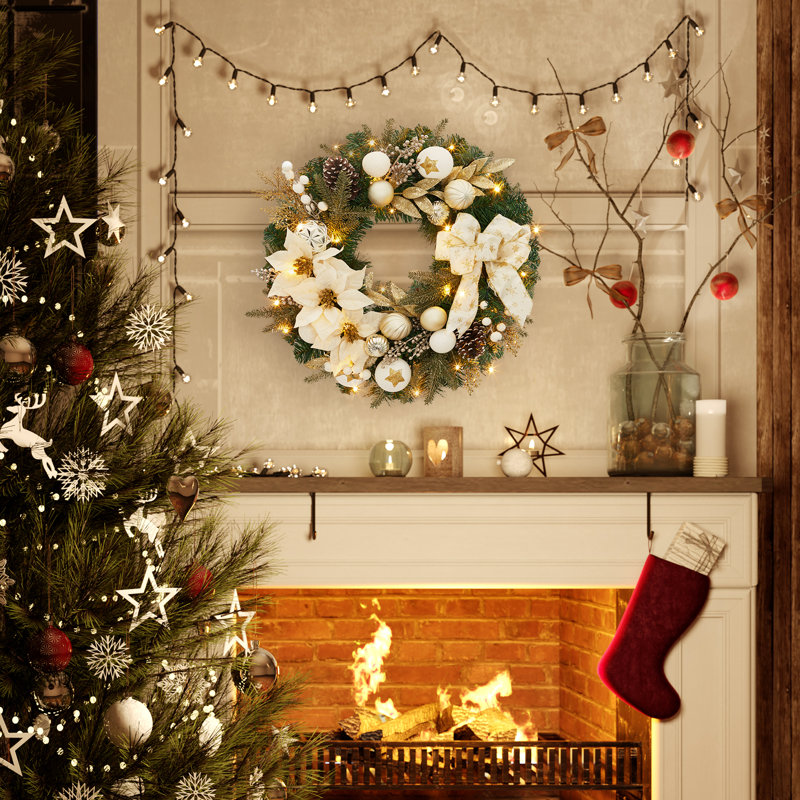 Couronne de Noël pré-éclairée 24 po avec ornements en forme de boule pour porte de Noël, blanc