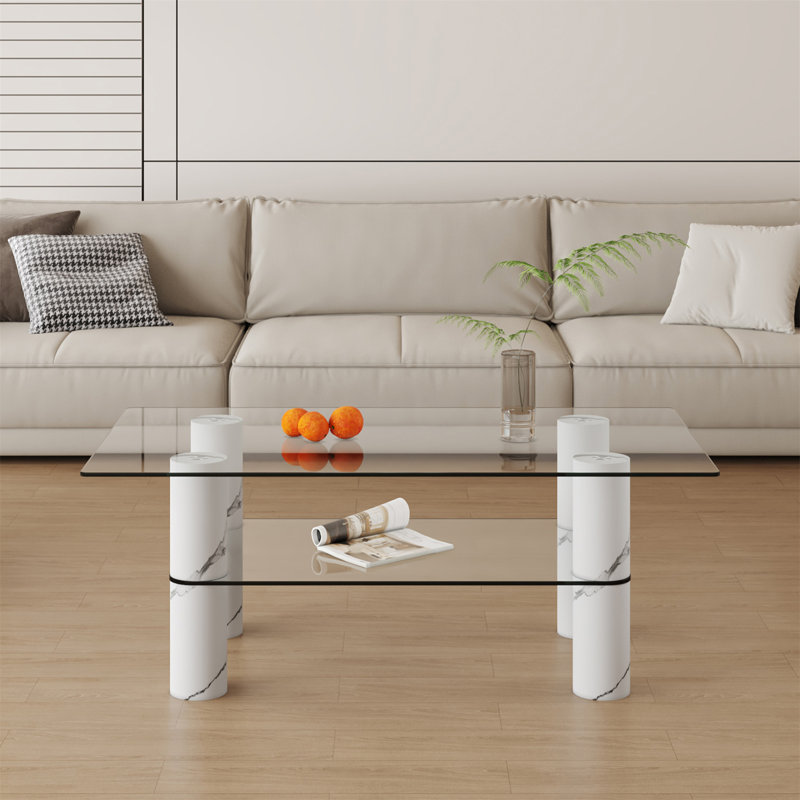 Minimalist Double-Layered Transparent Tempered Glass Computer Desk With Decorative Columns For Versatile Use