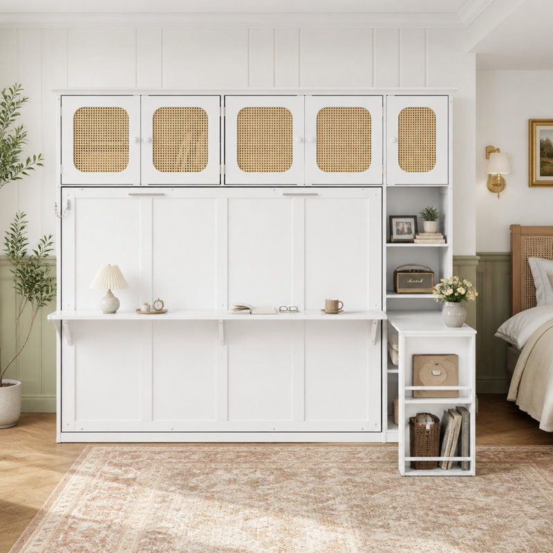 Lit escamotable avec bureau intégré et rangements en rotin, lit mural gain de place pour bureau à domicile et chambres d'amis