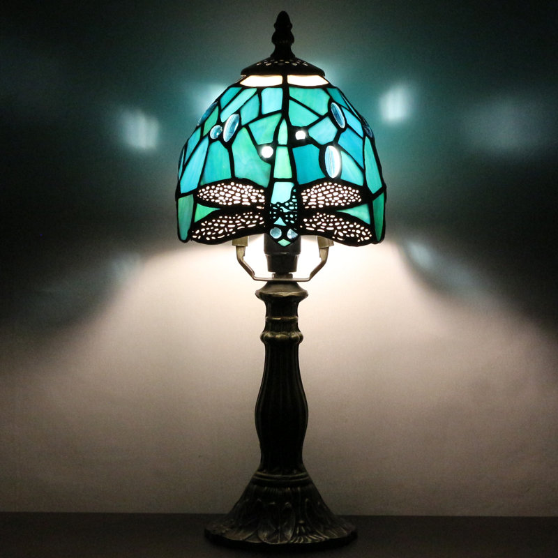 Small Tiffany Lamp Mini Accent Table Lamp Green Dragonfly Style Stained Glass Desk Memory Lamp Sympathy 6X14.6 Inch, Blue