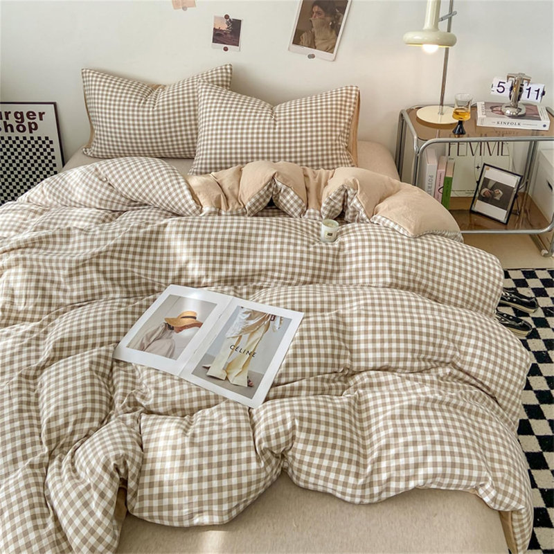 Duvet Cover Brown Tan Plaid Checkered Comforter Cover Grid Farmhouse Bedding Set Soft Breathable Washed Microfiber