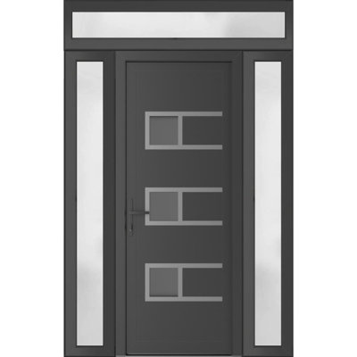 Front Exterior Prehung Metal-Plastic | Manux 8933 Antracite Grey | 2 Side and Top Sidelite Transom | Office Commercial and Residential Doors Entrance Patio Garage 54" x 94" (W12+30+12" x H80+14") Right hand Inswing