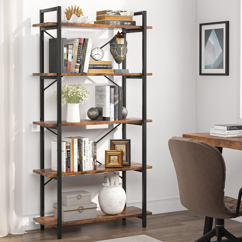 31.49" W 5-Tier Metal Frame Etagere Bookcase, Rustic Brown