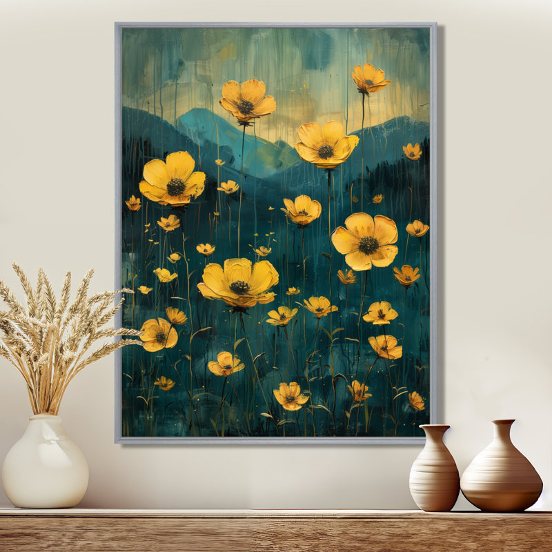 Reproduction d'art jaune jaune et bleu, «Buttercups Meadow IV» - Bouton d'or, Toile encadrée noire simple