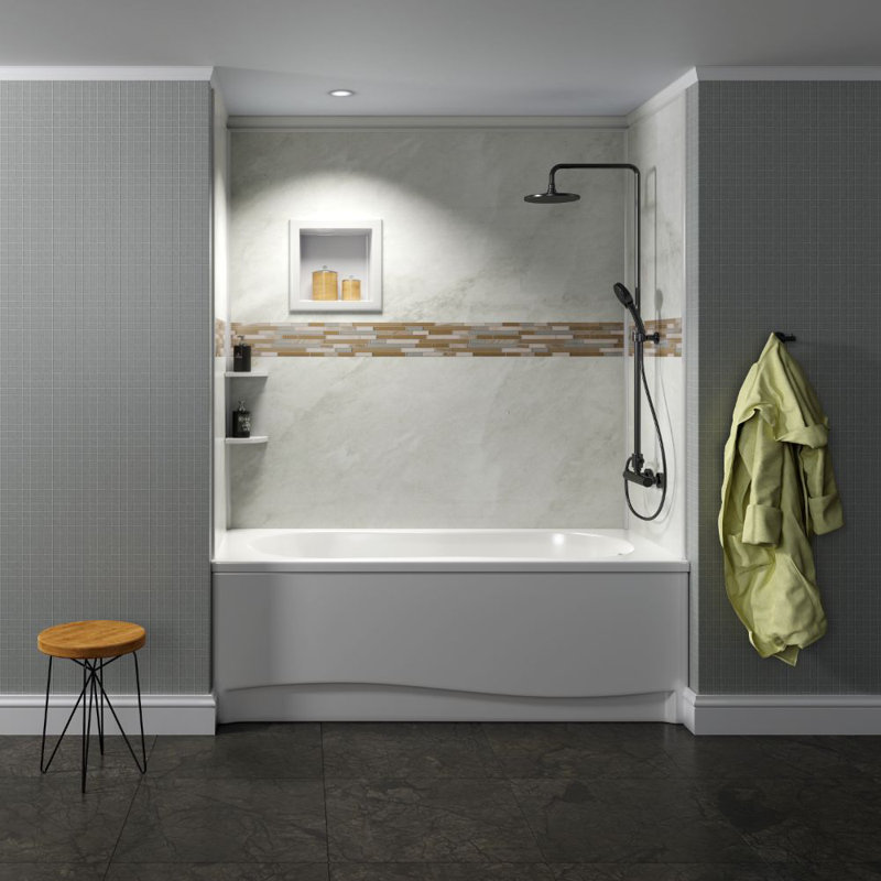 Bella CORE Arctic Mist 3-Wall Tub and Shower Surround with Katrina Design Strip up to 48Dx96Wx48Dx96H, White