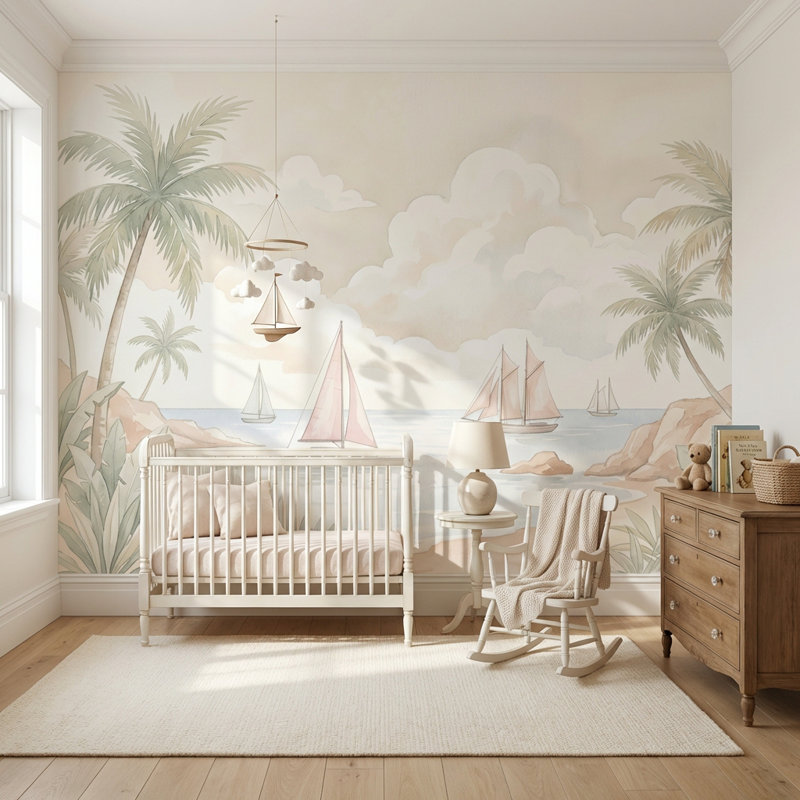 Décoration murale amovible de paysage de bord de mer tropical avec palmiers, voiliers, 100 po x 96 po, Texturé non collé