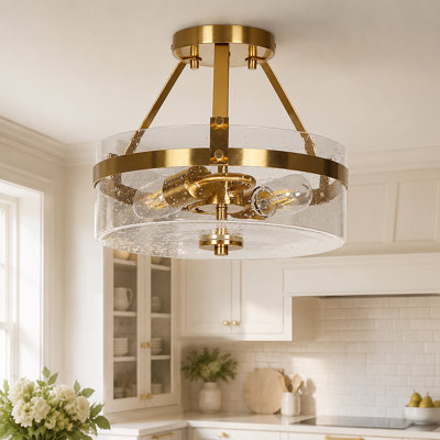 Modern Brass Gold 2-Light Semi-Flush Mount with Seeded Glass Shade
