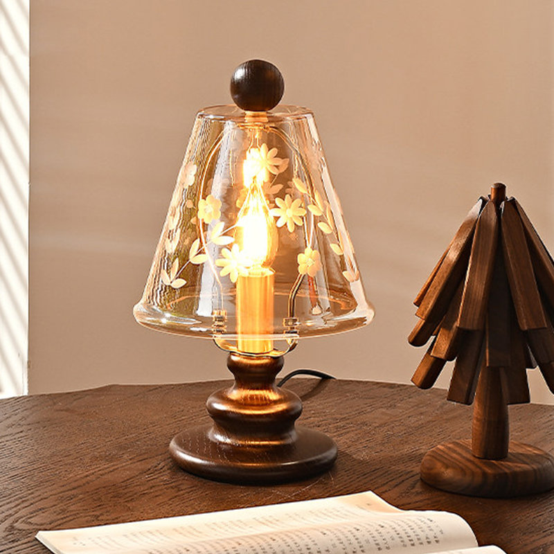 Petite lampe de table moderne en bois massif brun avec abat-jour en verre pour le salon de la chambre à coucher, ampoule incluse