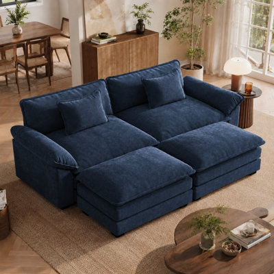 86" W U-Shaped Modular Sectional Sofa, Cloud Couch With Two Ottomans & Removable Cushions-Blue