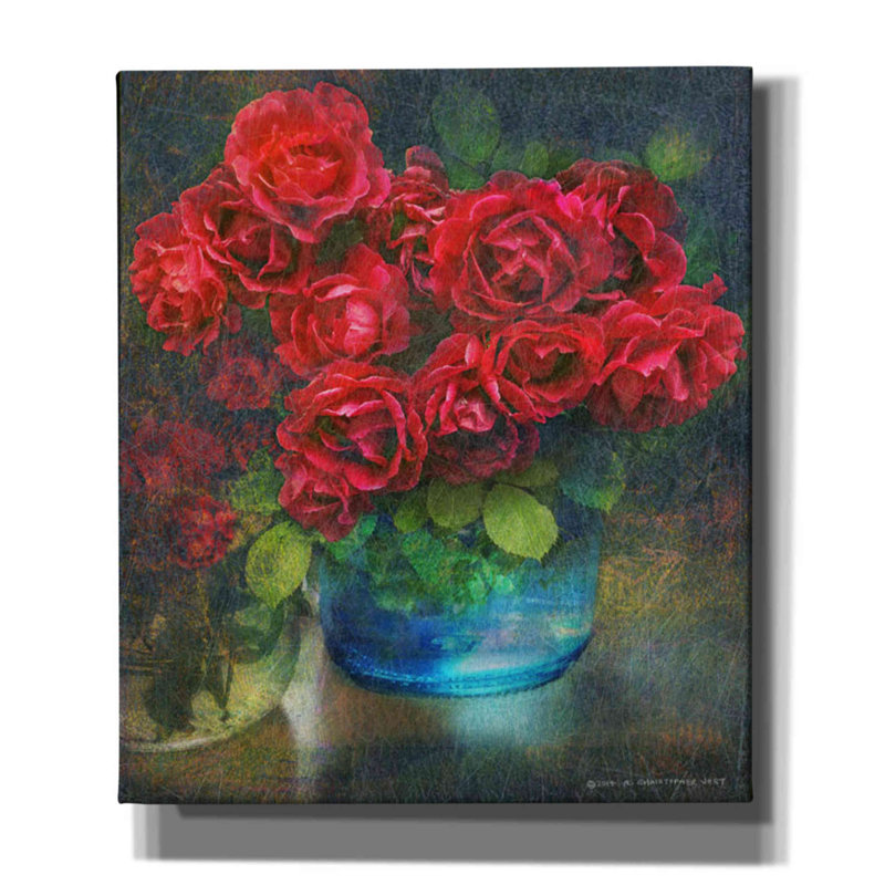 «Roses in Blue Jar» par Chris Vest, art mural sur toile, H 30 po x l 26 po x P 1,25 po