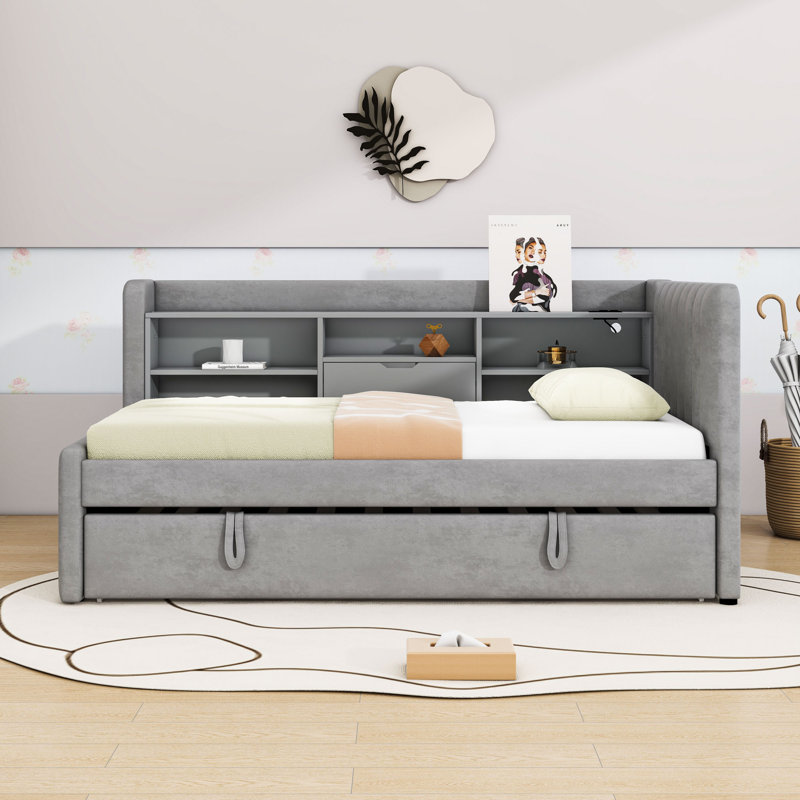 Twin Upholstered Daybed with Pull-Up Trundle, Storage Shelves and Charging Station, Gray