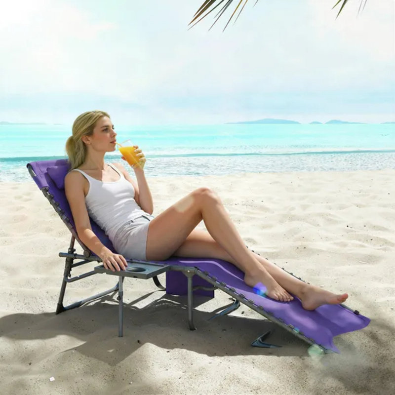 Chaise longue inclinable pliante à 5 niveaux, chaise de bronzage d'extérieur avec table d'appoint, coussin de tête et pochette de rangement