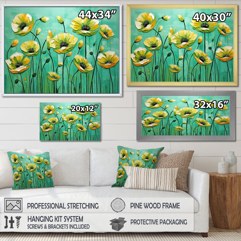 Émeraude élégance coquelicots dans la brise, Cadre simple blanc, H 30 po x l 40 po x P 1,5 po