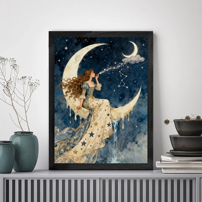 Art mural noir inspiré de la lune, femme encadrée, décorations célestes bohémiennes mystiques, H 37 po x l 25 po