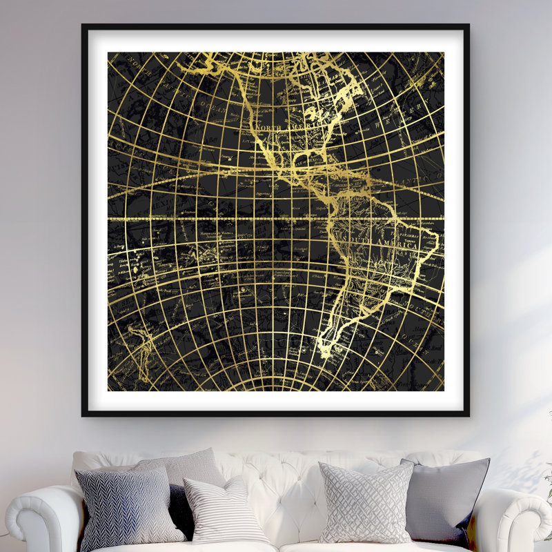 «Black and Marine World Map Globe», reproduction encadrée moderne, H 48 po x l 48 po, Noir