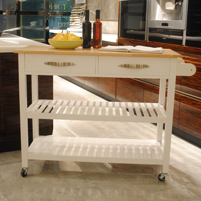 Kitchen Island & Kitchen Cart, Mobile Kitchen Island With Two Lockable Wheels, Rubber Wood Top, Simple Design & Give More Imagination Of Party Scene.