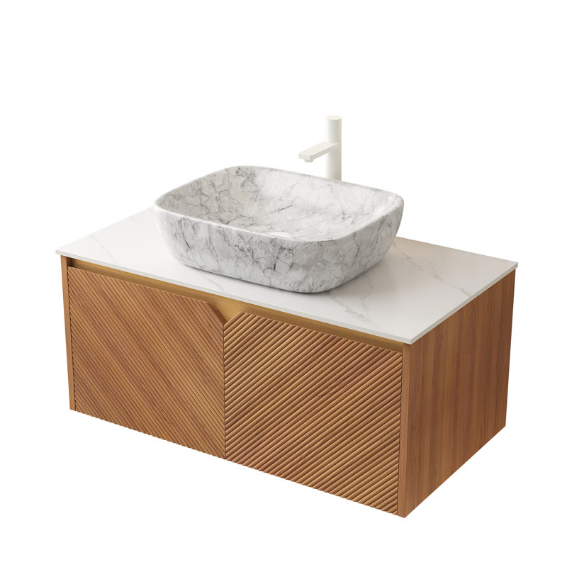 Meuble-lavabo de 36 po: armoire flottante en contreplaqué, portes doubles en sergé, lavabo en céramique de marbre, comptoir en pierre frittée blanche de 36 po avec vasque en bois massif et plateau de rangement