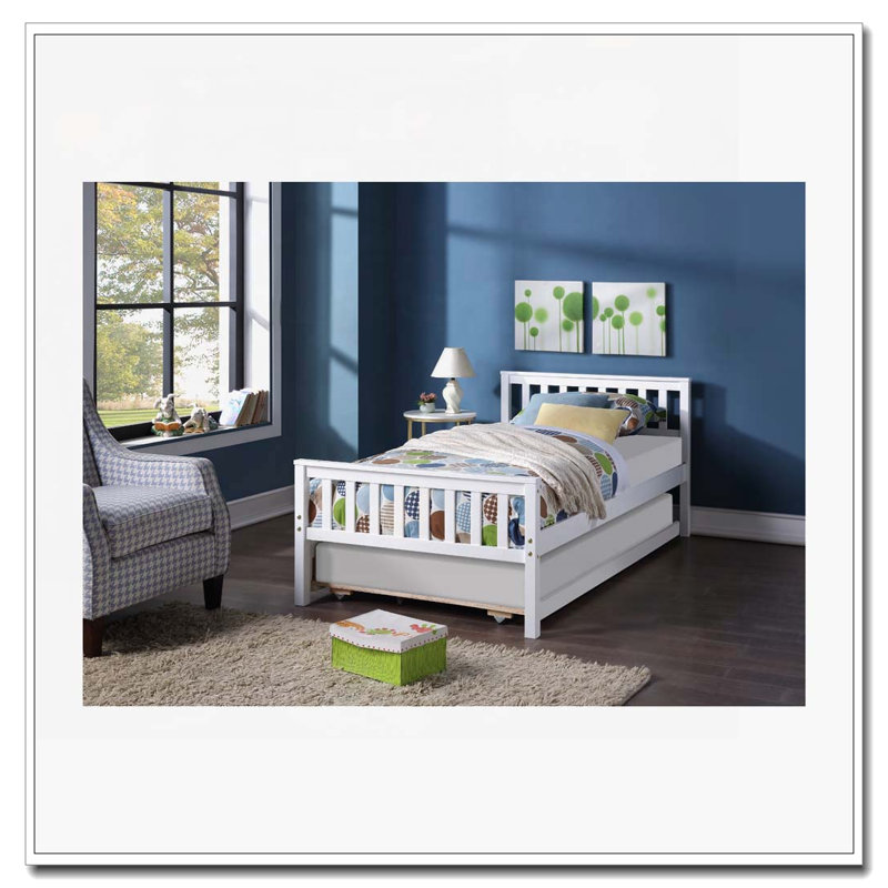 Lit simple avec lit gigogne, cadre de lit plateforme avec tête et pied de lit, pour petit espace de vie dans la chambre à coucher, aucun sommier nécessaire, blanc