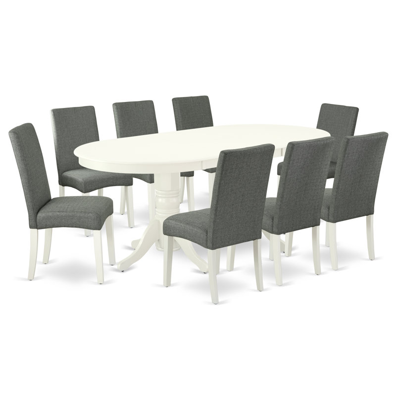 9-Piece Dining Table Set Includes a Dining Room Table and 8 Grey Linen Fabric Parson Chairs with High Back - Linen White, 9
