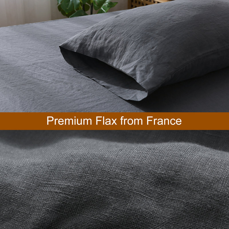 Ensemble de draps 100% lin Highland Feather - 1 drap plat, 1 drap-housse et 2 taies d'oreiller - Classic Luxury, Gris, Double
