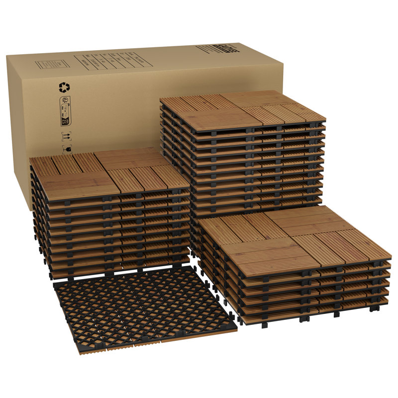 Carreaux imbriqués en bois d'acacia 12 po x 12 po, 33 pièces en bois massif pour terrasse et jardin, Marron foncé