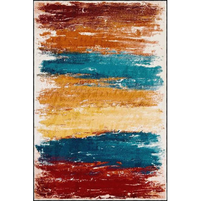 Washable Brush Painted Traditional Patterned Woven Area Rug