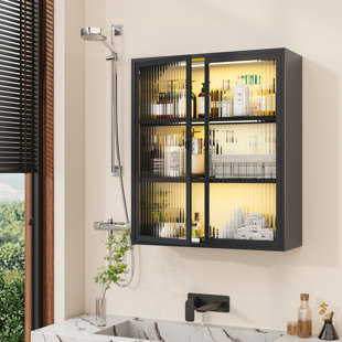 Medicine Cabinet with Fluted Glass Doors, Over Toilet Storage Cabinet with Sensor Light, Bathroom Wall Mounted Metal Organizer for Bathroom and Kitchen (Black)