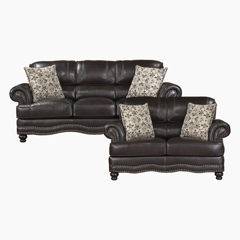 Daishun Traditional Breathable Faux Leather 2-Piece Living Room Set with Classic Roll Arms, Nailhead Trim & 4 Decorative Pillows