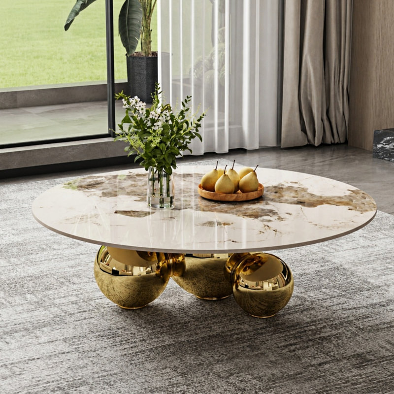 Table basse 39,5, table basse moderne avec plateau en pierre frittée Pandora et trois boules dorées, Gold/White/Grey