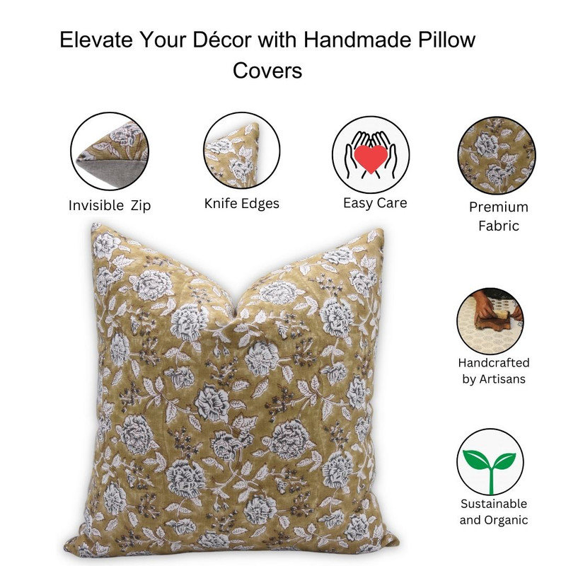 Linen Pillow Cover, 14"H x 14"W, Square, Beige Floral 1