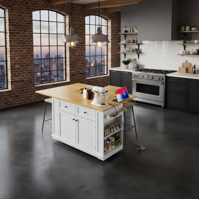 White 48-Inch Kitchen Island Three-Piece Set, With Folding Tabletop And Power Outlet, Comes With Two Bar Stools For Extra Storage.