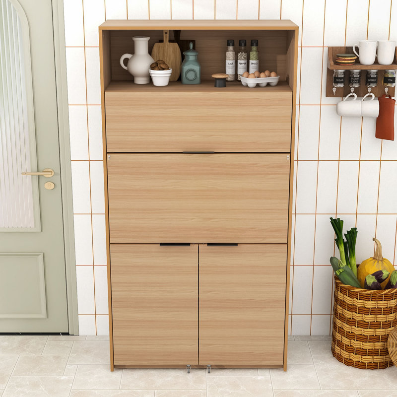 Armoire de cuisine moderne avec portes rabattables, station de charge intégrée et tablette réglable, Naturel